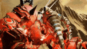 a red robot is fighting another red robot in a video game .