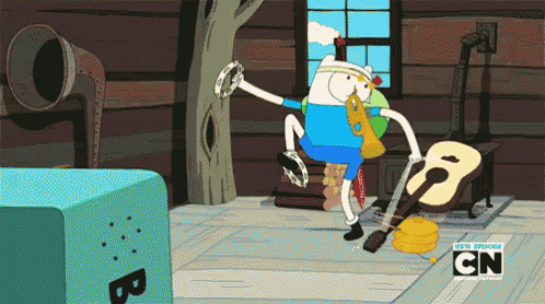 a cartoon character from adventure time is dancing in a room with a guitar