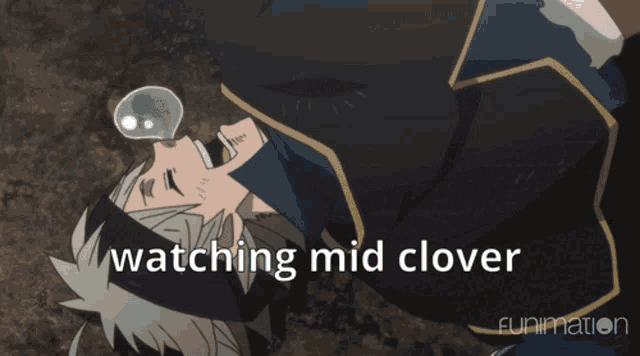 a cartoon character laying on the ground with the words " watching mid clover " written below him