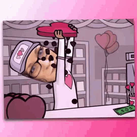 a cartoon of a man holding a heart shaped chocolate