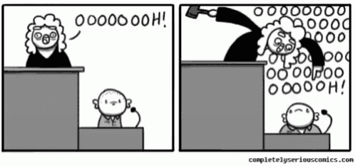a cartoon of a judge giving a speech and a man behind a microphone