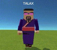 a cartoon character named talax is standing in the grass
