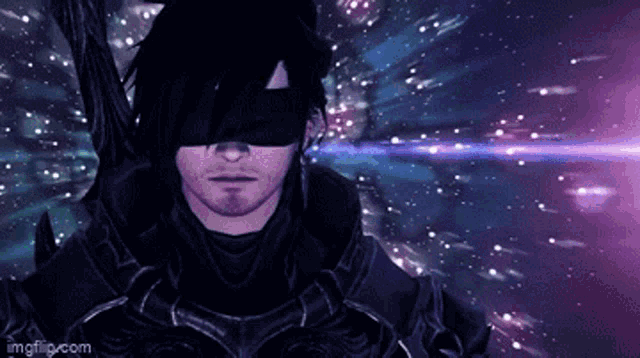 a man is wearing a blindfold and holding a sword .