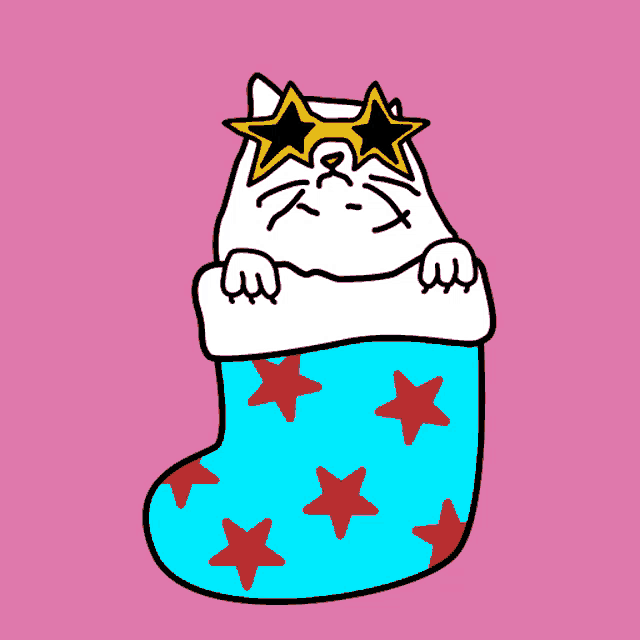 a drawing of a cat wearing sunglasses and a blue stocking with red stars