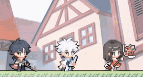 three pixel art characters are standing outside of a building