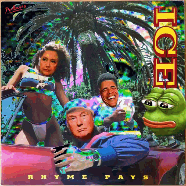 a colorful poster for rhyme pays featuring donald trump pepe the frog and obama