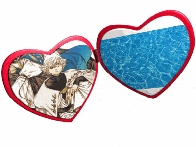 a pair of heart shaped sunglasses with a picture of a man on one side and a picture of a pool on the other side
