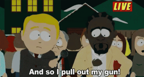 a cartoon character says " and so i pull out my gun " while holding a microphone