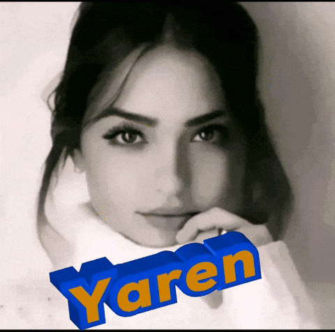 a black and white photo of a woman with the name yaren in blue