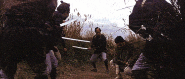 a group of men holding swords in a field with tall grass in the background