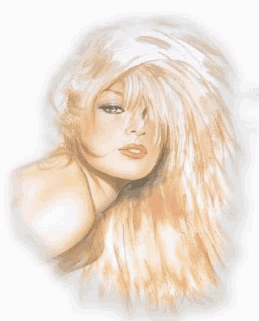 a close up of a woman 's face with long blonde hair and red lips .