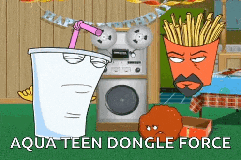 a cartoon scene with the words aqua teen dongle force at the top