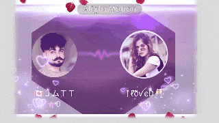 a man and a woman are shown on a purple background with hearts around them