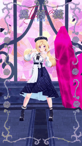 a girl in a plaid dress is standing next to a large pink crystal