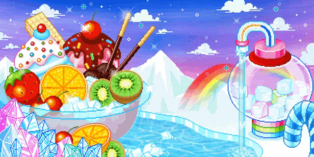 a pixel art illustration of ice cream and fruit