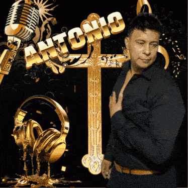 a man in a black shirt stands in front of a gold cross with the name antonio written on it