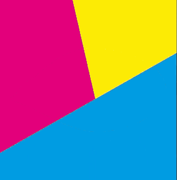 a pink yellow and blue graphic with a black circle in the middle