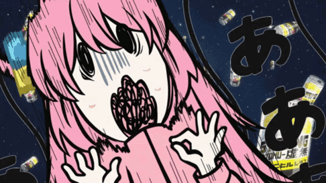 a cartoon of a girl surrounded by cans and bottles with one that says " a " on it