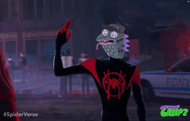 a cartoon character from spider verse is standing in front of a pdny vehicle