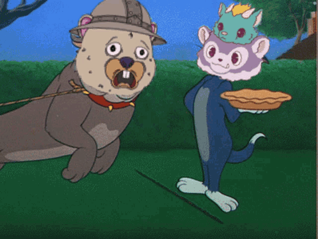 a cartoon of a dog and a cat with a pie
