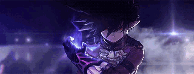 a cartoon character with red eyes is holding a purple object in his hand