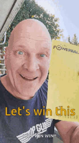 a bald man is smiling while holding a yellow card that says " let 's win this "