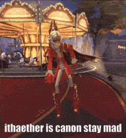 a man in a red coat is standing in front of a merry go round with the caption ithaether is canon stay mad