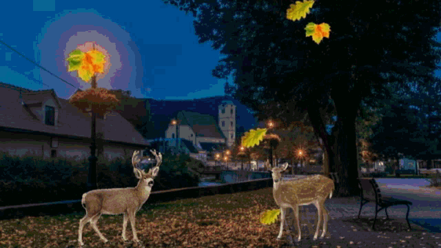 a couple of deer standing in a park with leaves flying around them