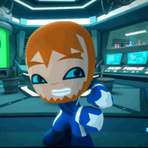 a cartoon character with orange hair and blue eyes is in a room