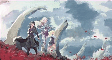 a group of anime characters are standing next to each other on a rock .