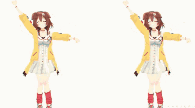 two anime girls are standing next to each other with their arms up