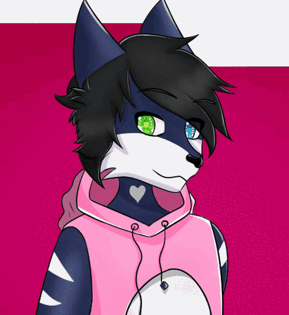 a drawing of a furry character with green eyes