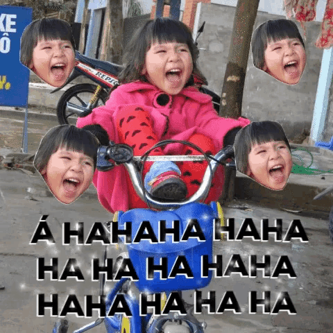 a little girl riding a bike with a motorcycle in the background