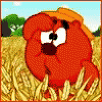 a cartoon character is standing in a field of wheat .