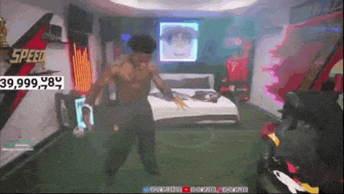 a man without a shirt is dancing in a bedroom with a sign that says speed