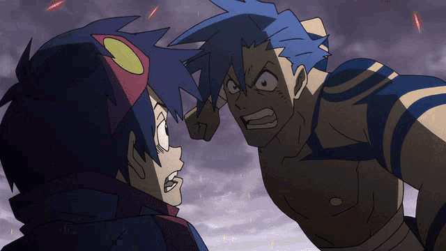 a man with blue hair is standing next to another man with a red hat