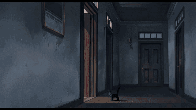 a girl in a black dress with a red bow on her head is running down a hallway