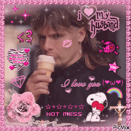 a picture of a man eating an ice cream cone with the words i love you on the bottom
