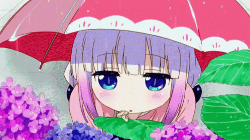 a girl with purple hair and blue eyes is holding an umbrella over her head while surrounded by purple flowers .