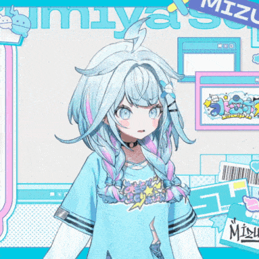 a girl with blue and pink hair is wearing a shirt that says mizu on it