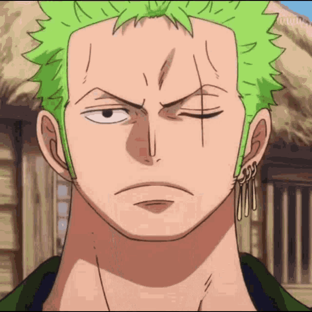 a close up of roronoa zoro 's face with his eyes closed