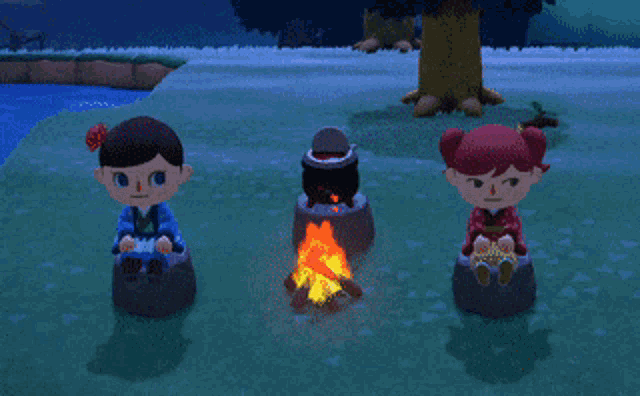 three cartoon characters are sitting around a fire in a video game