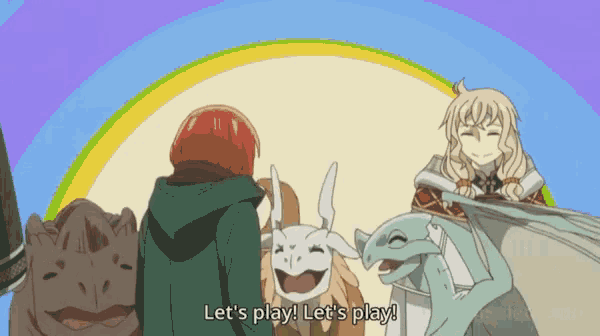 a group of cartoon characters are standing next to each other and one of them is saying let 's play