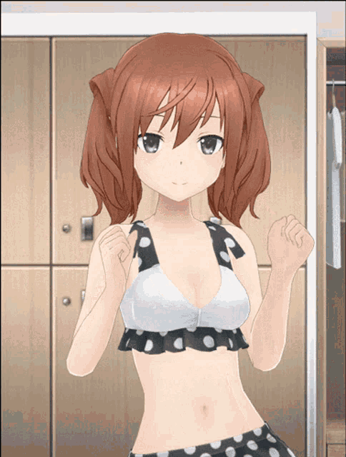 a girl in a bikini is standing in front of a row of lockers