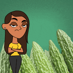 a cartoon of a woman standing in front of a bunch of bitter gourd