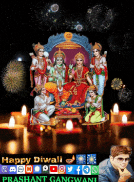 a picture of a group of deities surrounded by candles and fireworks says happy diwali