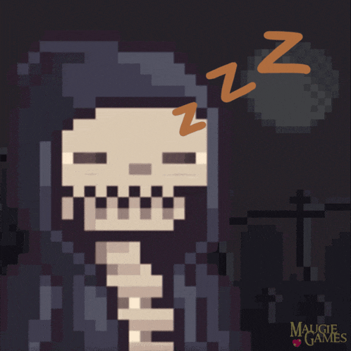 a pixel art drawing of a skeleton sleeping with maugie games written on the bottom