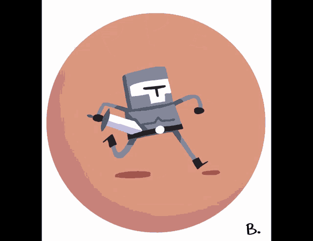 a cartoon of a knight running with a sword and the letters b on the bottom