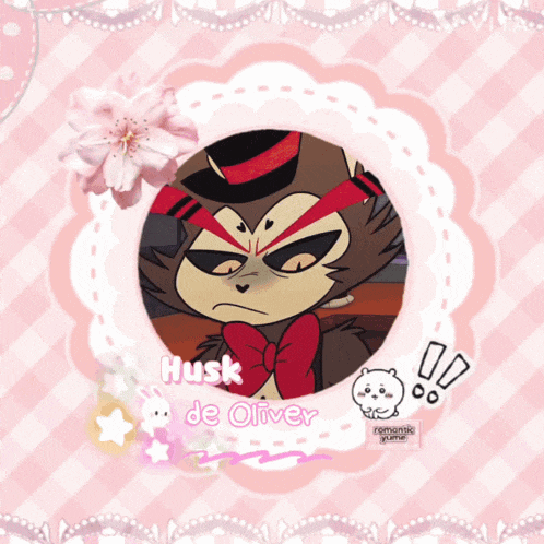 a cartoon character named husk de oliver is on a pink background