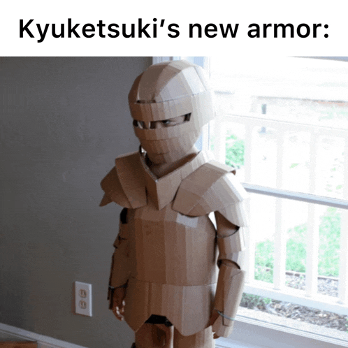 a cardboard knight is standing in front of a window with the caption kyuketsu 's new armor